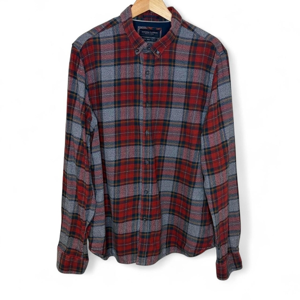 Denim & Flower Ricky Singh Red Gray Plaid Flannel Button Down Shirt Men's XL